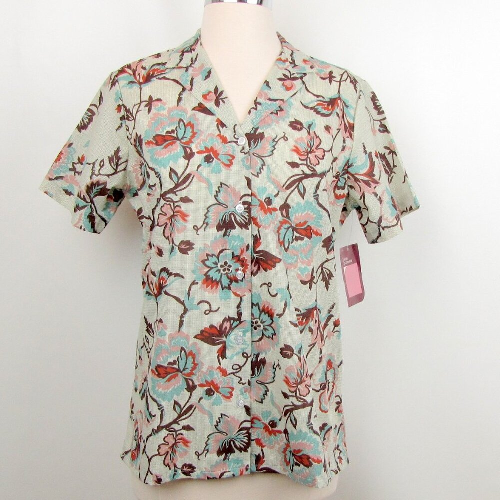 Vintage Camp Shirt Blouse 12 Sears Fashion Place Floral Button Front Deadstock